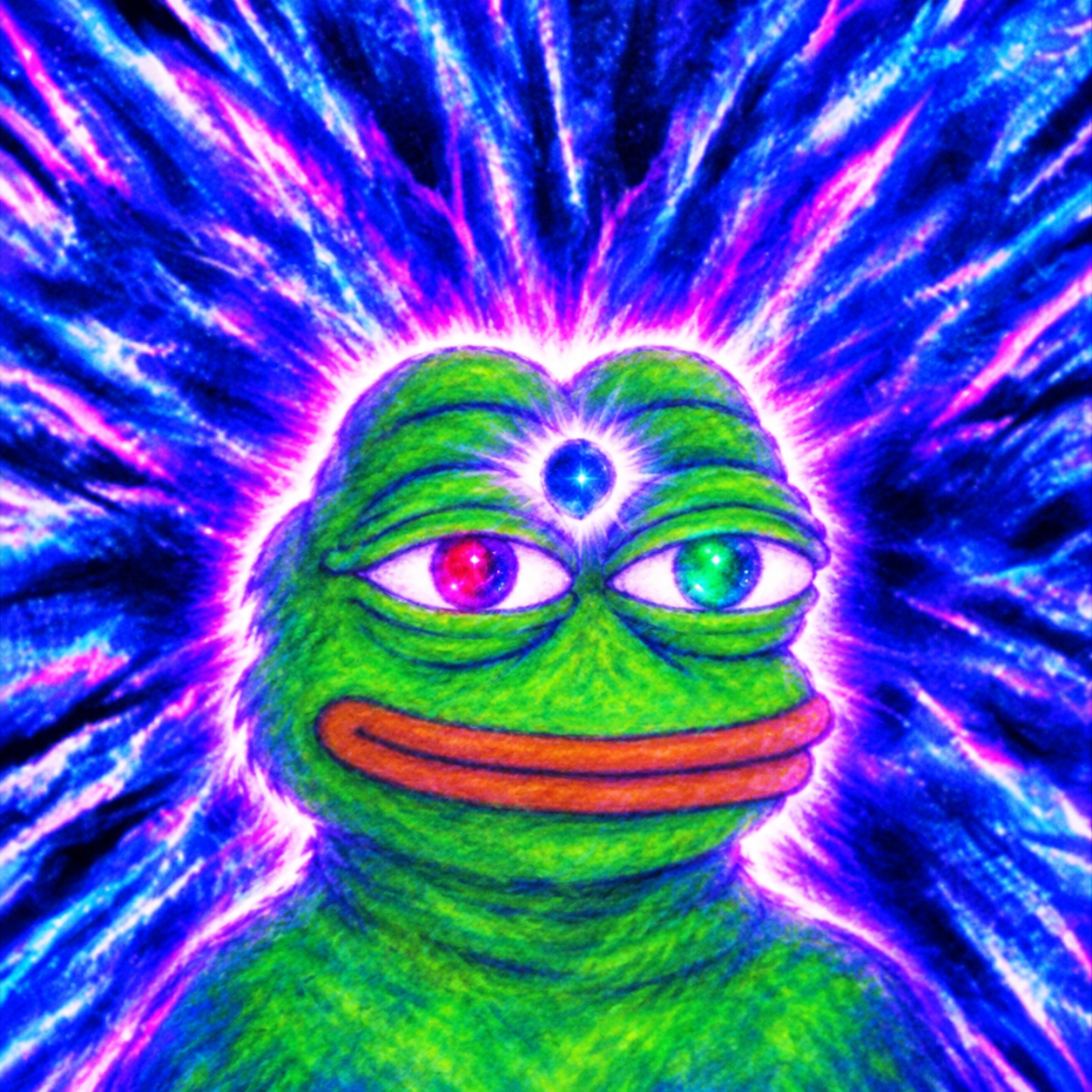 Psychedelic green Pepe with a glowing blue third eye